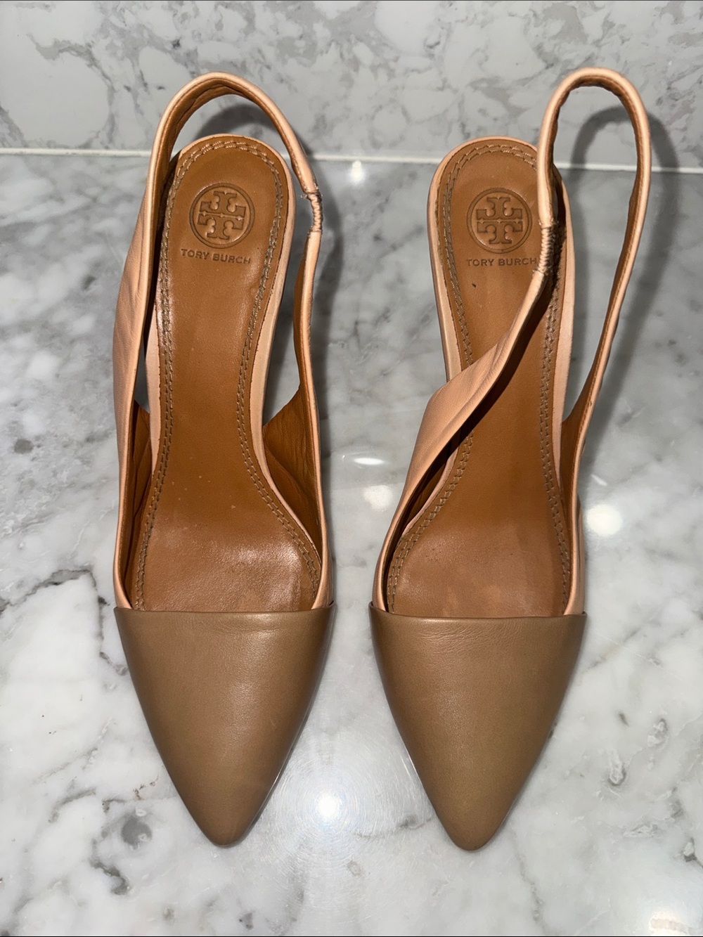 Tory Burch Two-Tone Pointed Slingback Heels,Tan and Beige,10.5 Medium.